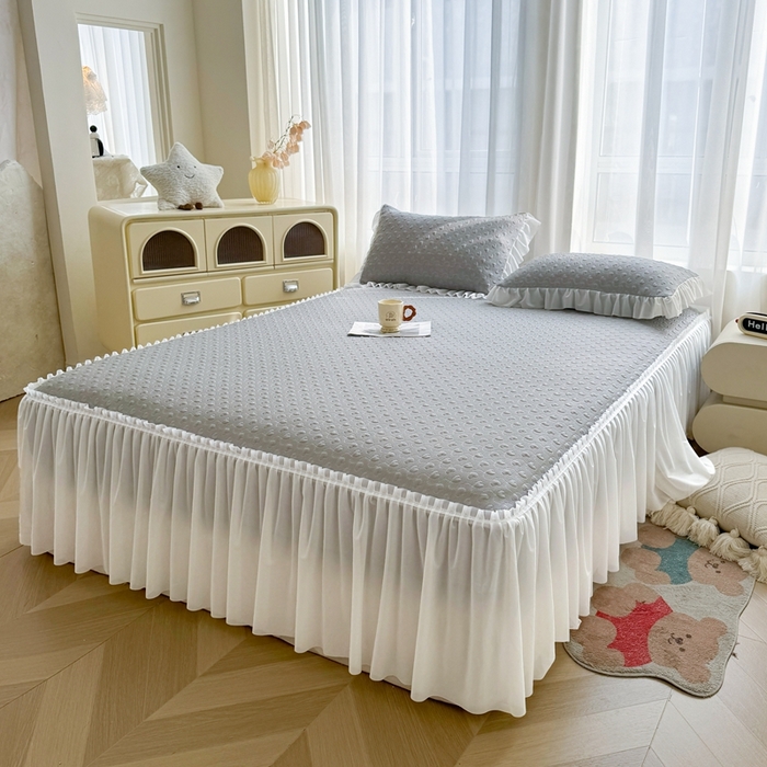 91家纺网 家纺一手货源 找家纺 怡源梦 2026新款A类高分子冰豆豆凉席床裙床笠二合一-心动 心动-灰色