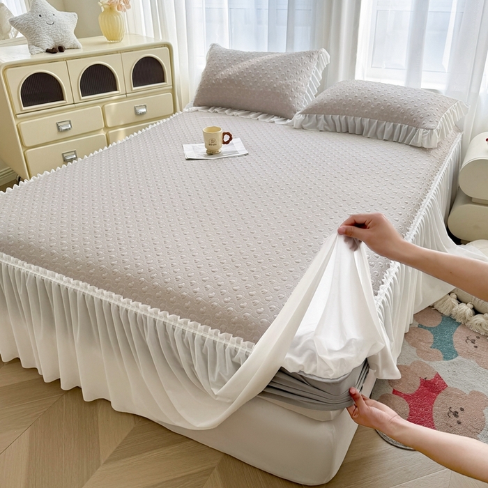 91家纺网 家纺一手货源 找家纺 怡源梦 2026新款A类高分子冰豆豆凉席床裙床笠二合一-心动 心动-香槟金