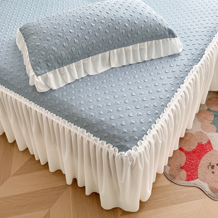 91家纺网 家纺一手货源 找家纺 怡源梦 2026新款A类高分子冰豆豆凉席床裙床笠二合一-心动 心动-兰色