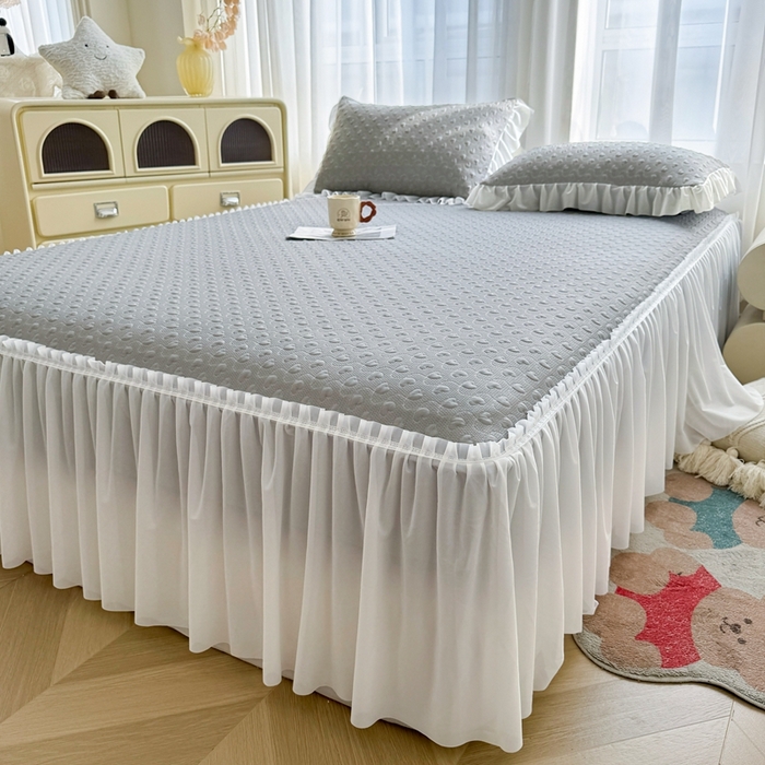 91家纺网 家纺一手货源 找家纺 怡源梦 2026新款A类高分子冰豆豆凉席床裙床笠二合一-心动 心动-灰色