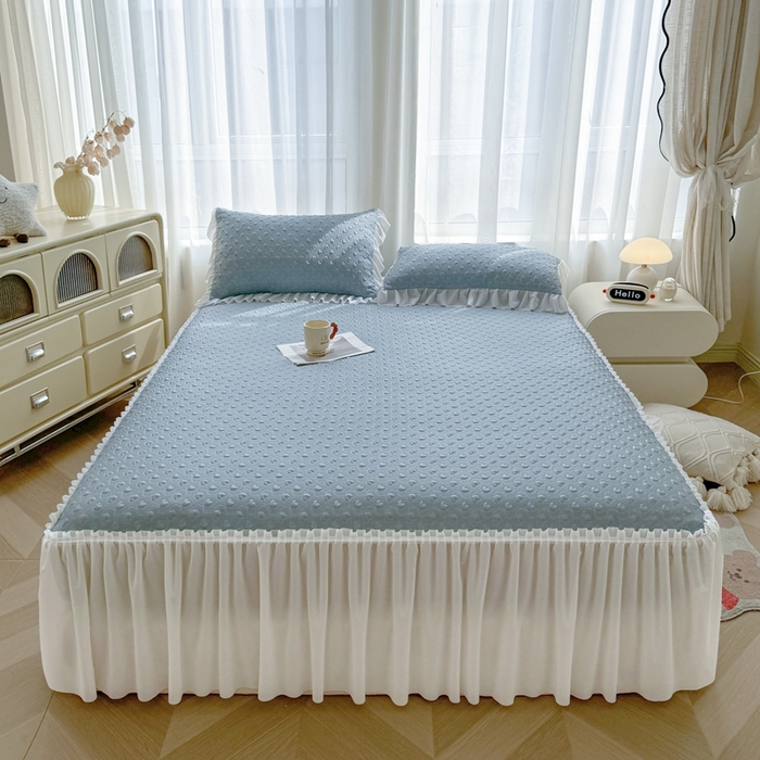 91家纺网 家纺一手货源 找家纺 怡源梦 2026新款A类高分子冰豆豆凉席床裙床笠二合一-心动 心动-兰色