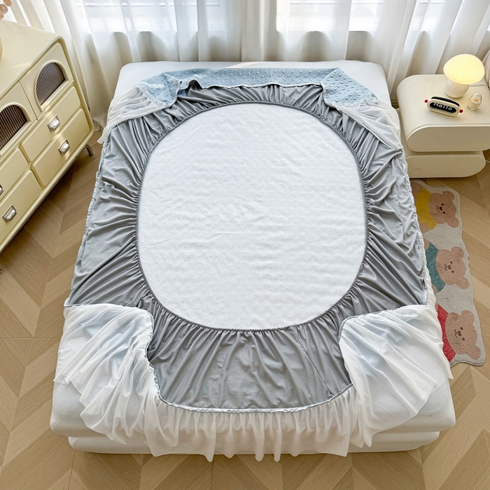 91家纺网 家纺一手货源 找家纺 怡源梦 2026新款A类高分子冰豆豆凉席床裙床笠二合一-心动 心动-兰色