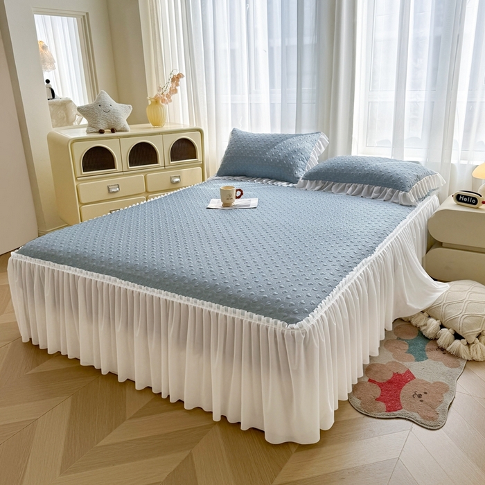 91家纺网 家纺一手货源 找家纺 怡源梦 2026新款A类高分子冰豆豆凉席床裙床笠二合一-心动 心动-兰色