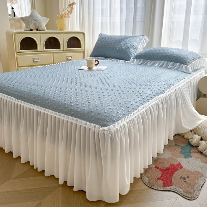 91家纺网 家纺一手货源 找家纺 怡源梦 2026新款A类高分子冰豆豆凉席床裙床笠二合一-心动 心动-兰色