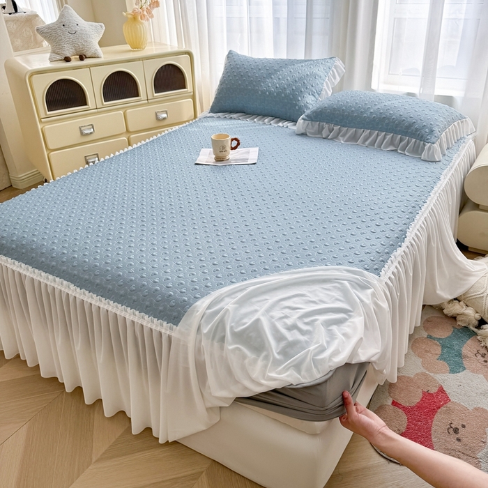 91家纺网 家纺一手货源 找家纺 怡源梦 2026新款A类高分子冰豆豆凉席床裙床笠二合一-心动 心动-兰色