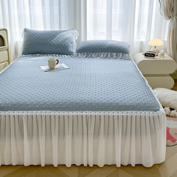 91家纺网 家纺一手货源 找家纺 怡源梦 2026新款A类高分子冰豆豆凉席床裙床笠二合一-心动 心动-兰色