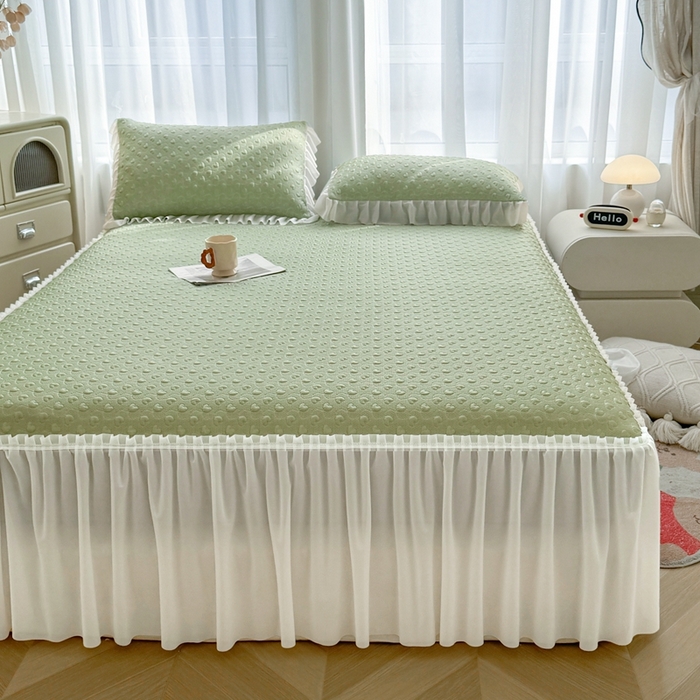 91家纺网 家纺一手货源 找家纺 怡源梦 2026新款A类高分子冰豆豆凉席床裙床笠二合一-心动 心动-绿色