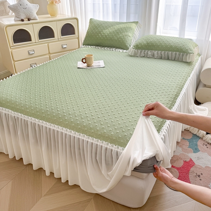 91家纺网 家纺一手货源 找家纺 怡源梦 2026新款A类高分子冰豆豆凉席床裙床笠二合一-心动 心动-绿色