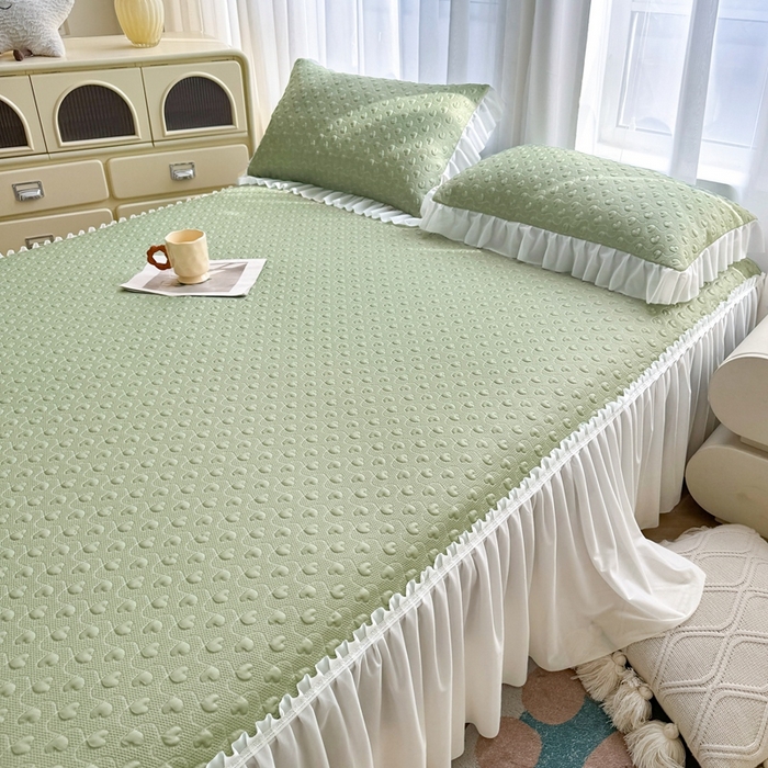 91家纺网 家纺一手货源 找家纺 怡源梦 2026新款A类高分子冰豆豆凉席床裙床笠二合一-心动 心动-绿色