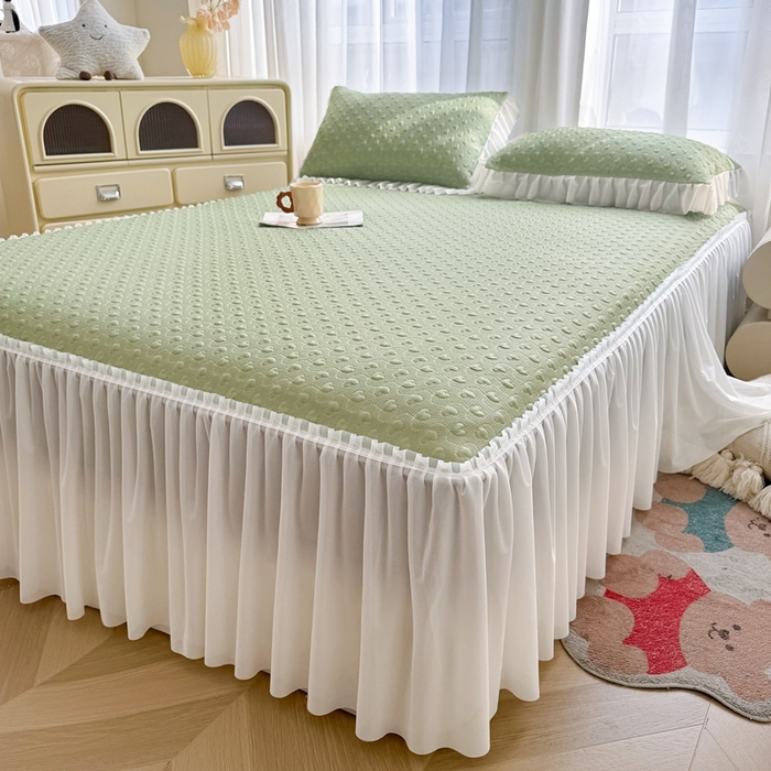 91家纺网 家纺一手货源 找家纺 怡源梦 2026新款A类高分子冰豆豆凉席床裙床笠二合一-心动 心动-绿色