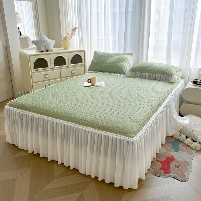 91家纺网 家纺一手货源 找家纺 怡源梦 2026新款A类高分子冰豆豆凉席床裙床笠二合一-心动 心动-绿色