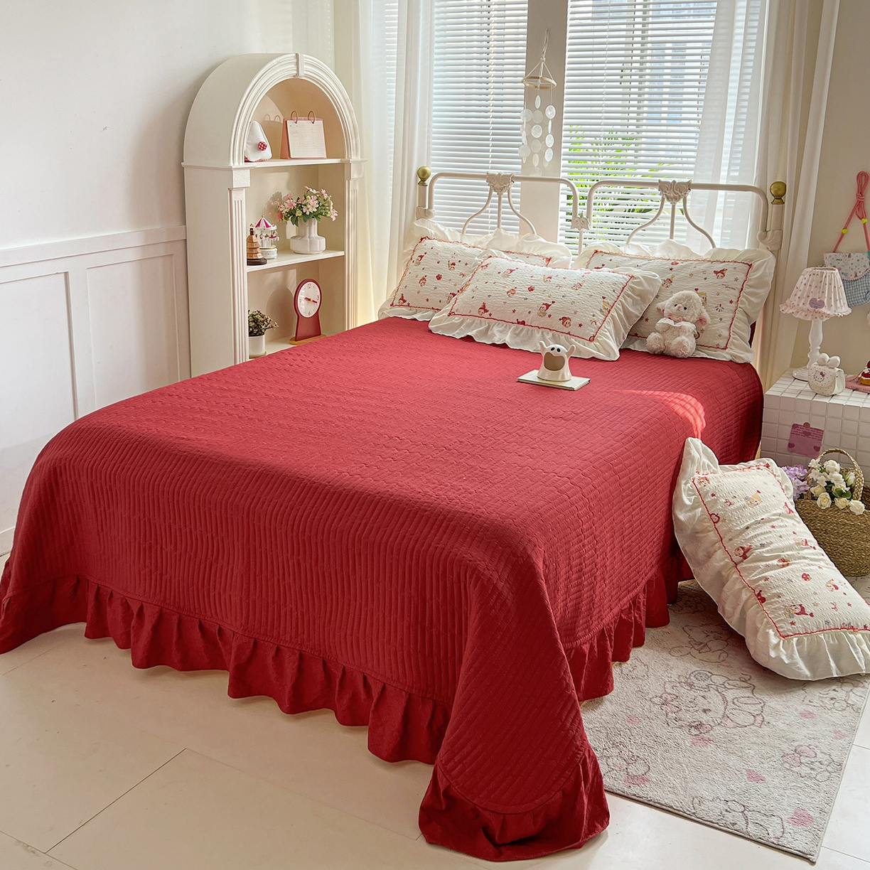 91家纺网 家纺一手货源 找家纺 富米莱（原臻工厂） 2026新款超温柔高弹线密拷花边款泡芙双层纱夏凉被床盖床裙四件套 密拷花边-魔法星星