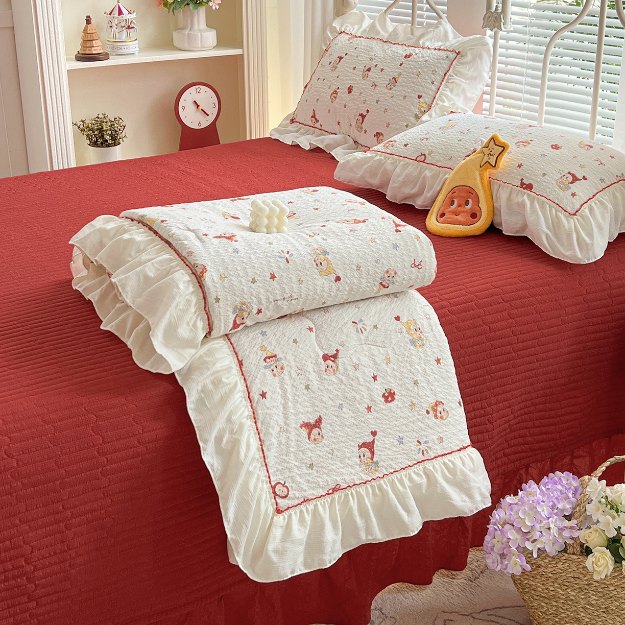 91家纺网 家纺一手货源 找家纺 富米莱（原臻工厂） 2026新款超温柔高弹线密拷花边款泡芙双层纱夏凉被床盖床裙四件套 密拷花边-魔法星星