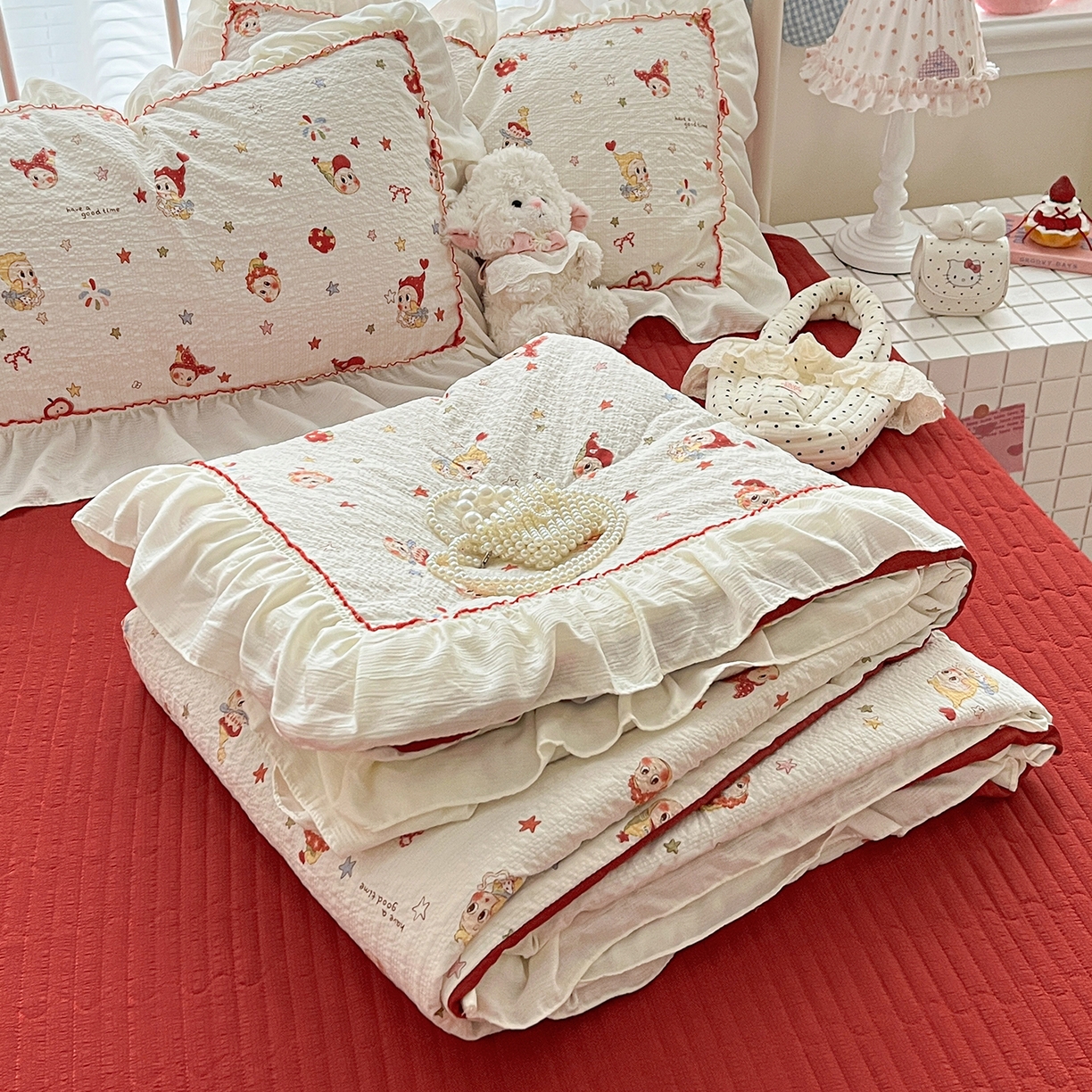 富米莱（原臻工厂） 2026新款超温柔高弹线密拷花边款泡芙双层纱夏凉被床盖床裙四件套 密拷花边-魔法星星