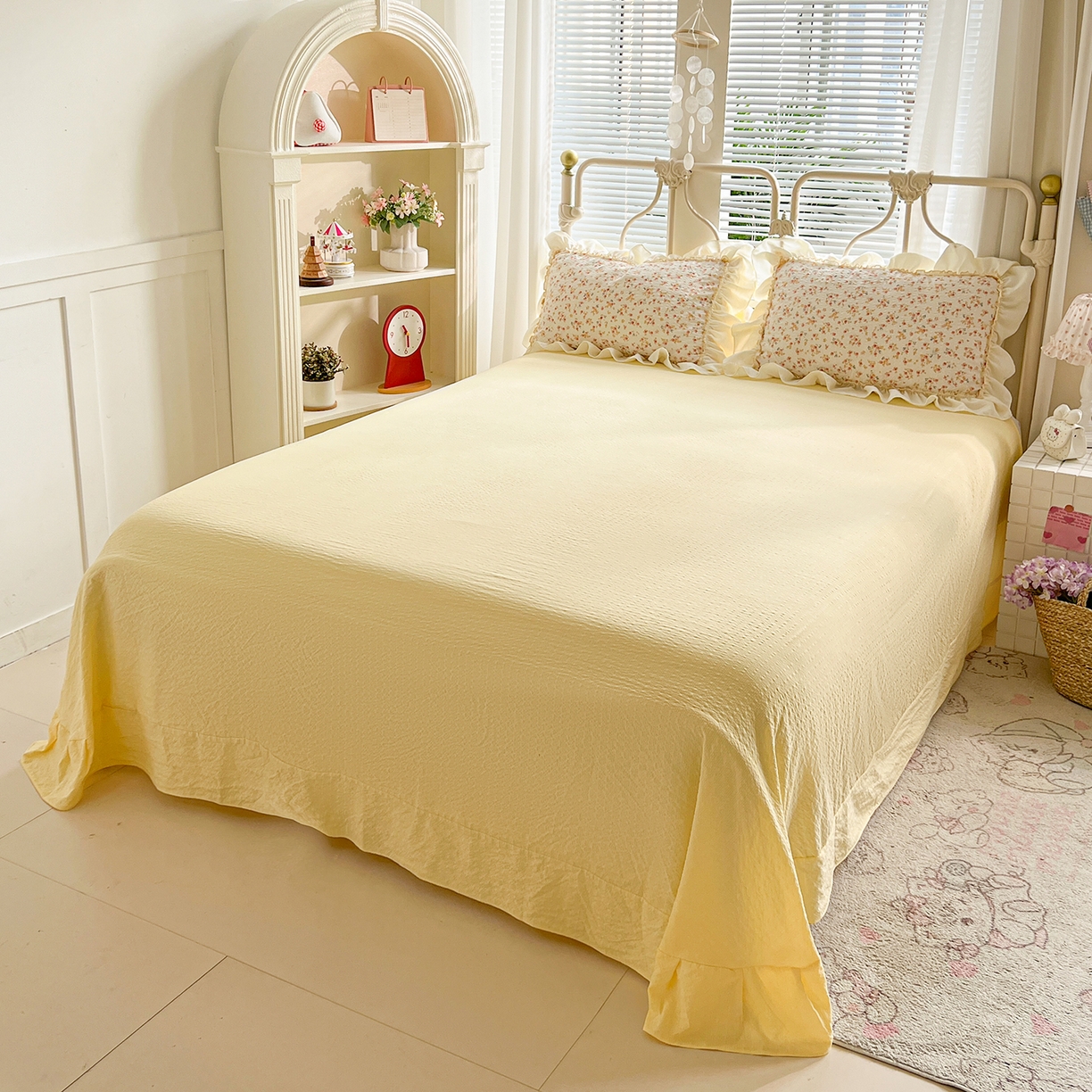 91家纺网 家纺一手货源 找家纺 富米莱（原臻工厂） 2026新款超温柔高弹线密拷花边款泡芙双层纱夏凉被床盖床裙四件套 密拷花边-黄油小碎花