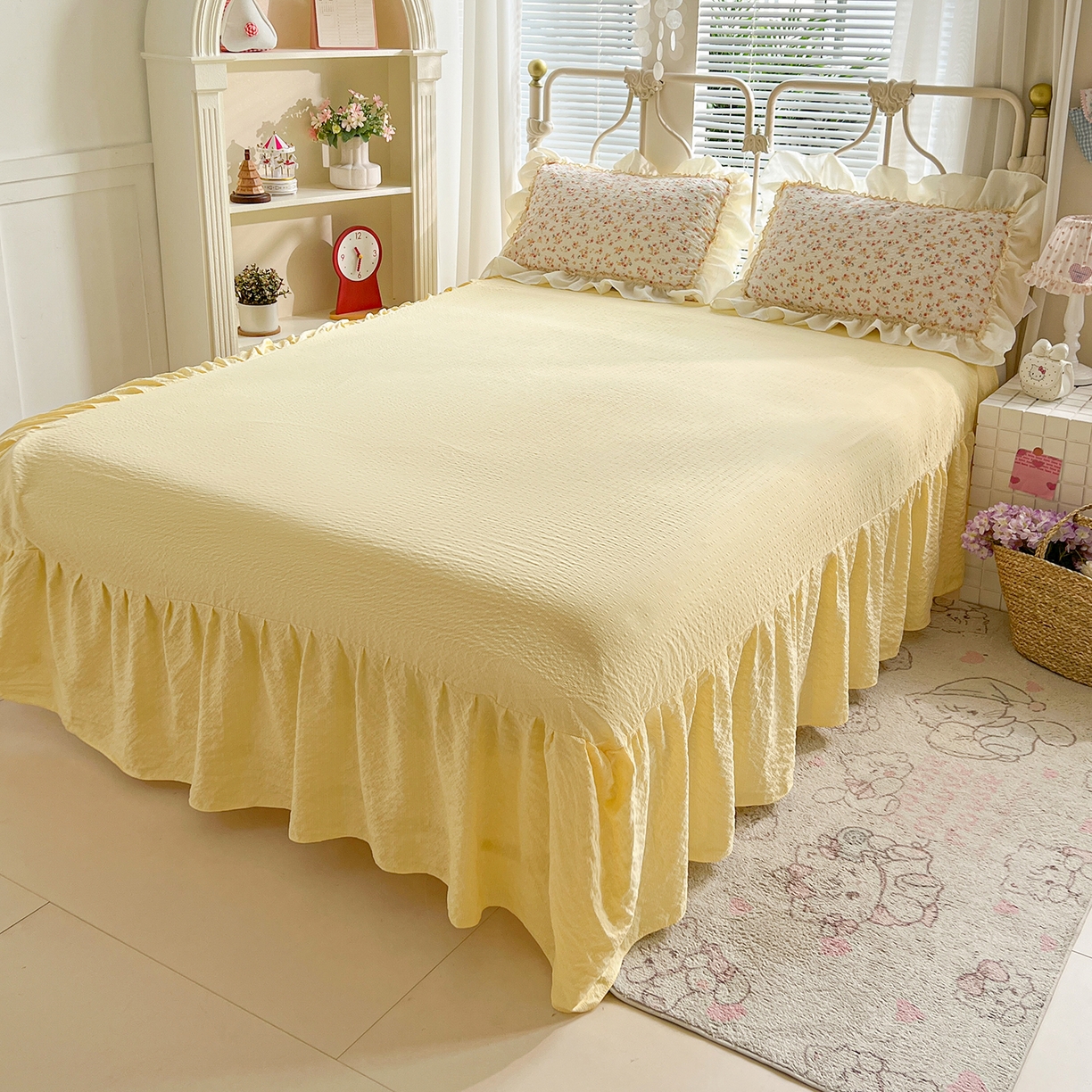 91家纺网 家纺一手货源 找家纺 富米莱（原臻工厂） 2026新款超温柔高弹线密拷花边款泡芙双层纱夏凉被床盖床裙四件套 密拷花边-黄油小碎花