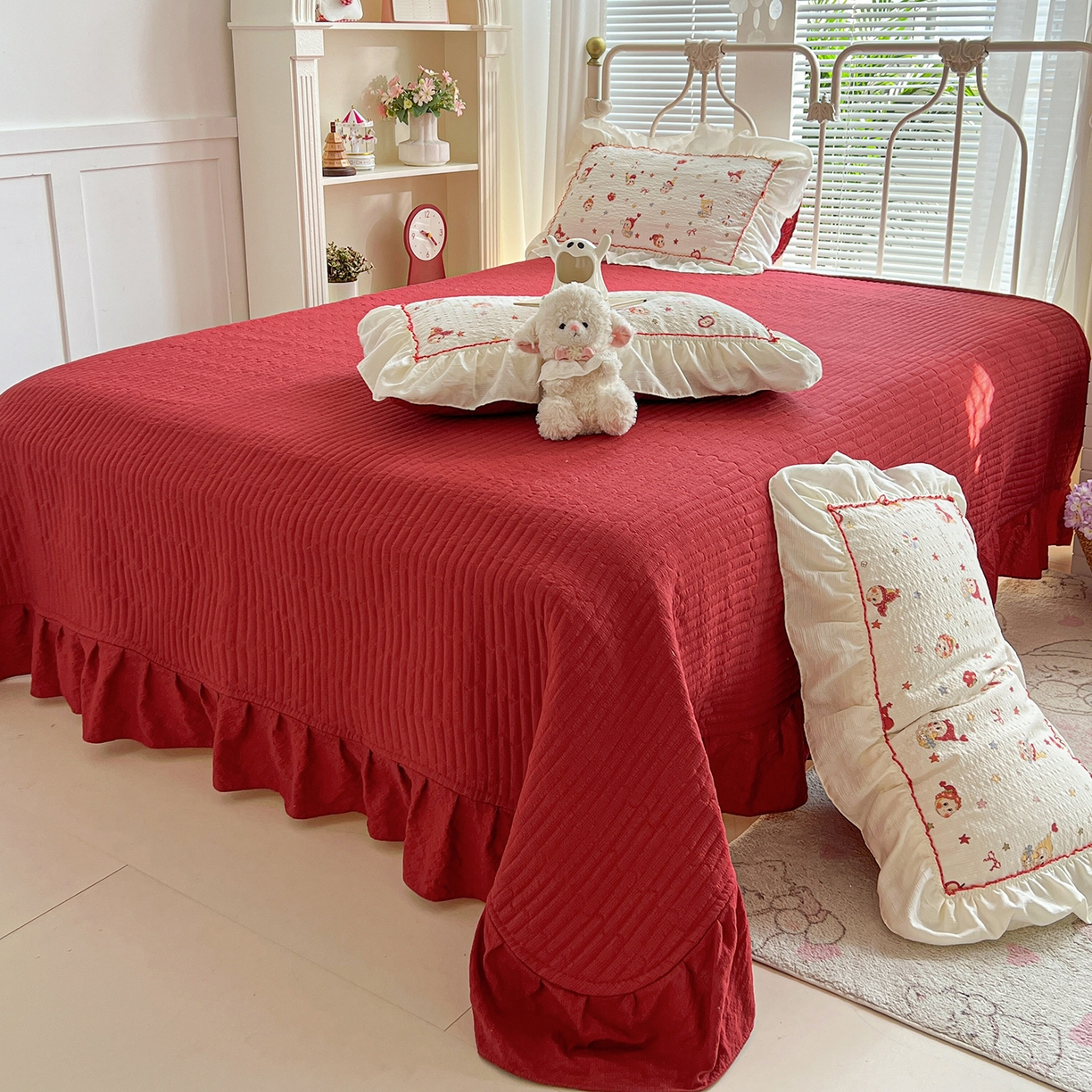 91家纺网 家纺一手货源 找家纺 富米莱（原臻工厂） 2026新款超温柔高弹线密拷花边款泡芙双层纱夏凉被床盖床裙四件套 密拷花边-魔法星星