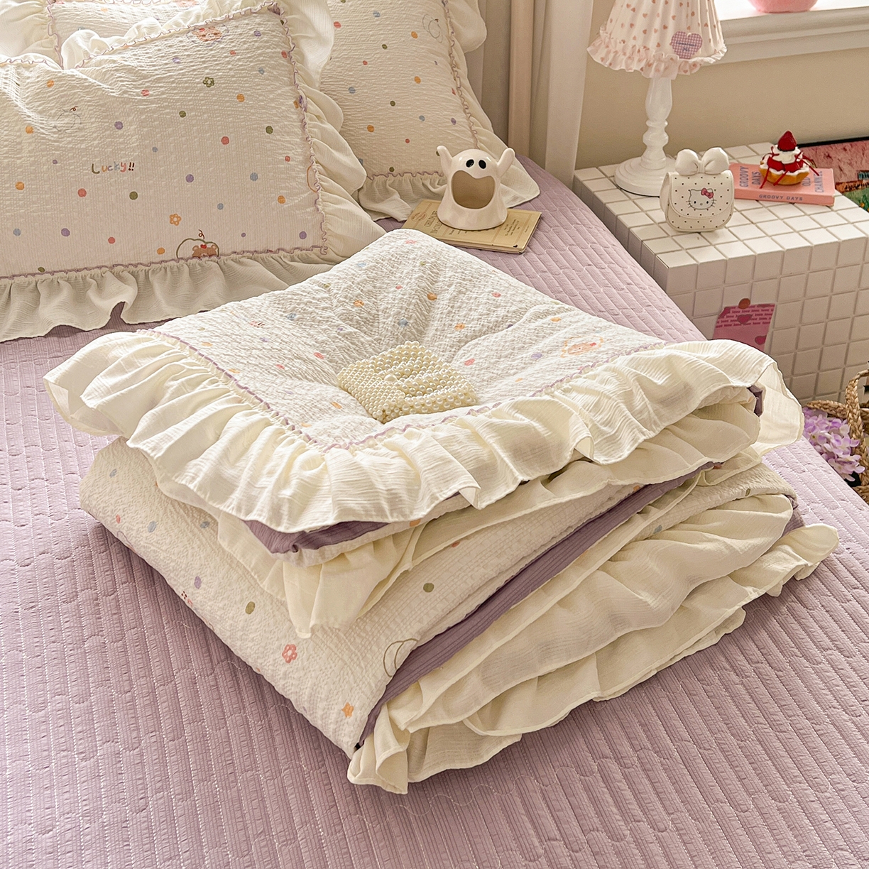 富米莱（原臻工厂） 2026新款超温柔高弹线密拷花边款泡芙双层纱夏凉被床盖床裙四件套 密拷花边-彩点小熊