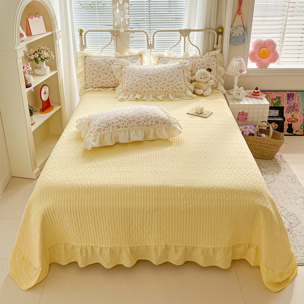 91家纺网 家纺一手货源 找家纺 富米莱（原臻工厂） 2026新款超温柔高弹线密拷花边款泡芙双层纱夏凉被床盖床裙四件套 密拷花边-黄油小碎花