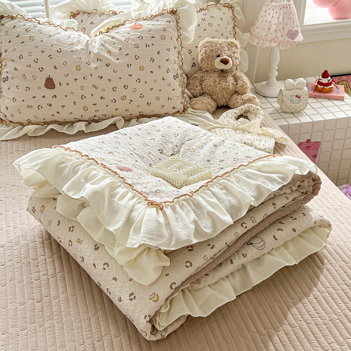 富米莱（原臻工厂） 2026新款超温柔高弹线密拷花边款泡芙双层纱夏凉被床盖床裙四件套 密拷花边-南瓜奶豹