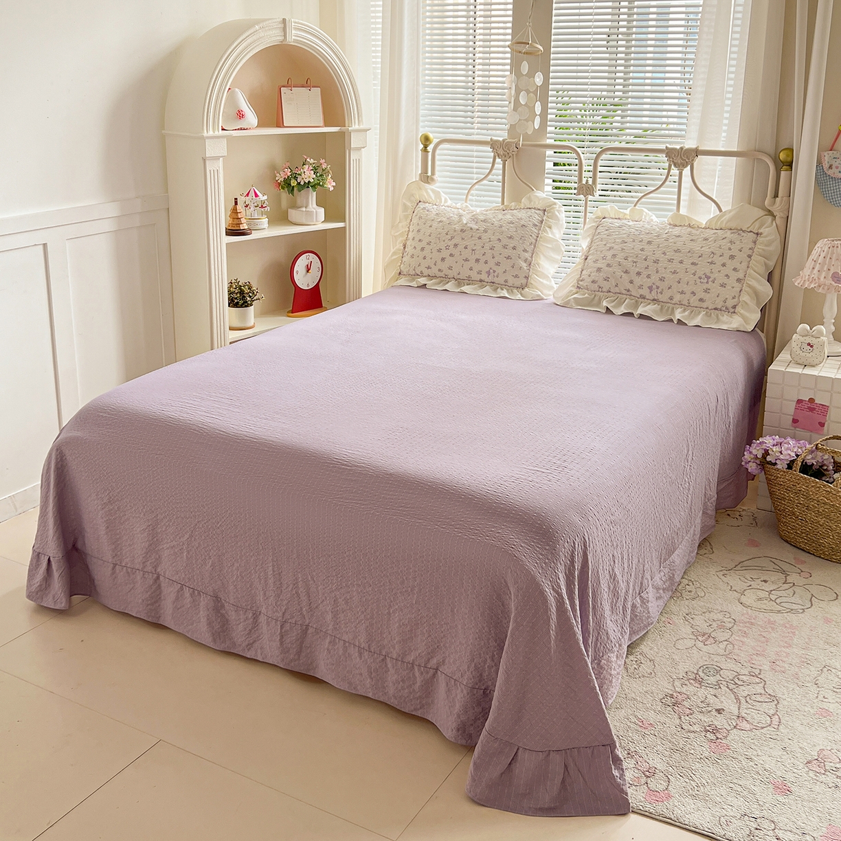 91家纺网 家纺一手货源 找家纺 富米莱（原臻工厂） 2026新款超温柔高弹线密拷花边款泡芙双层纱夏凉被床盖床裙四件套 密拷花边-紫雾小兔