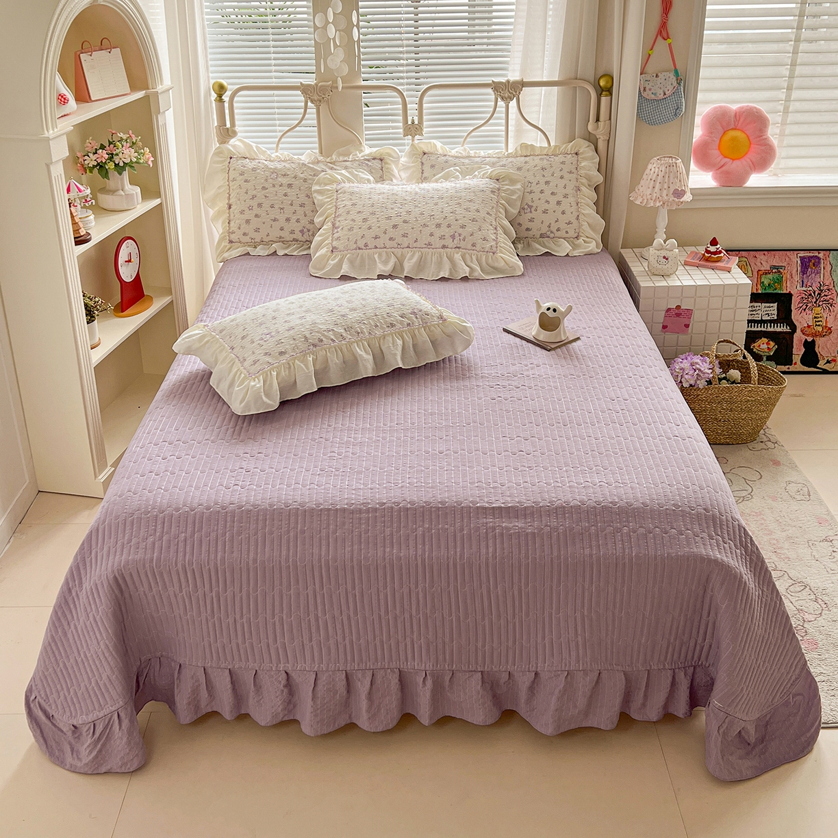 91家纺网 家纺一手货源 找家纺 富米莱（原臻工厂） 2026新款超温柔高弹线密拷花边款泡芙双层纱夏凉被床盖床裙四件套 密拷花边-紫雾小兔