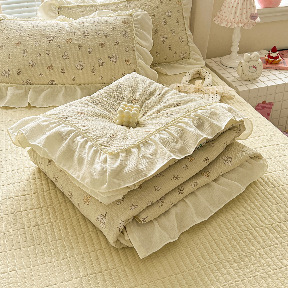 富米莱（原臻工厂） 2026新款超温柔高弹线密拷花边款泡芙双层纱夏凉被床盖床裙四件套 密拷花边-青提花蝶