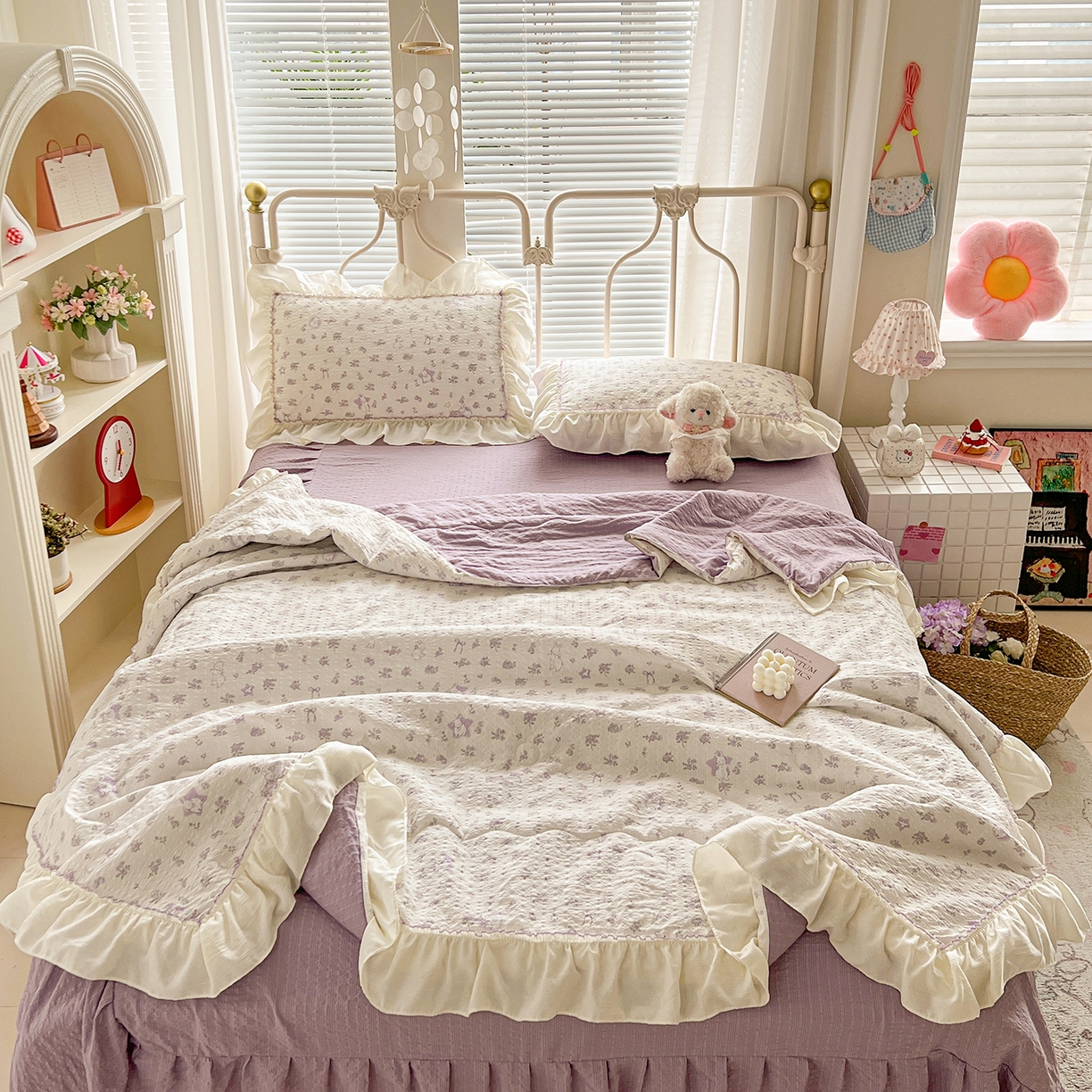 91家纺网 家纺一手货源 找家纺 富米莱（原臻工厂） 2026新款超温柔高弹线密拷花边款泡芙双层纱夏凉被床盖床裙四件套 密拷花边-紫雾小兔