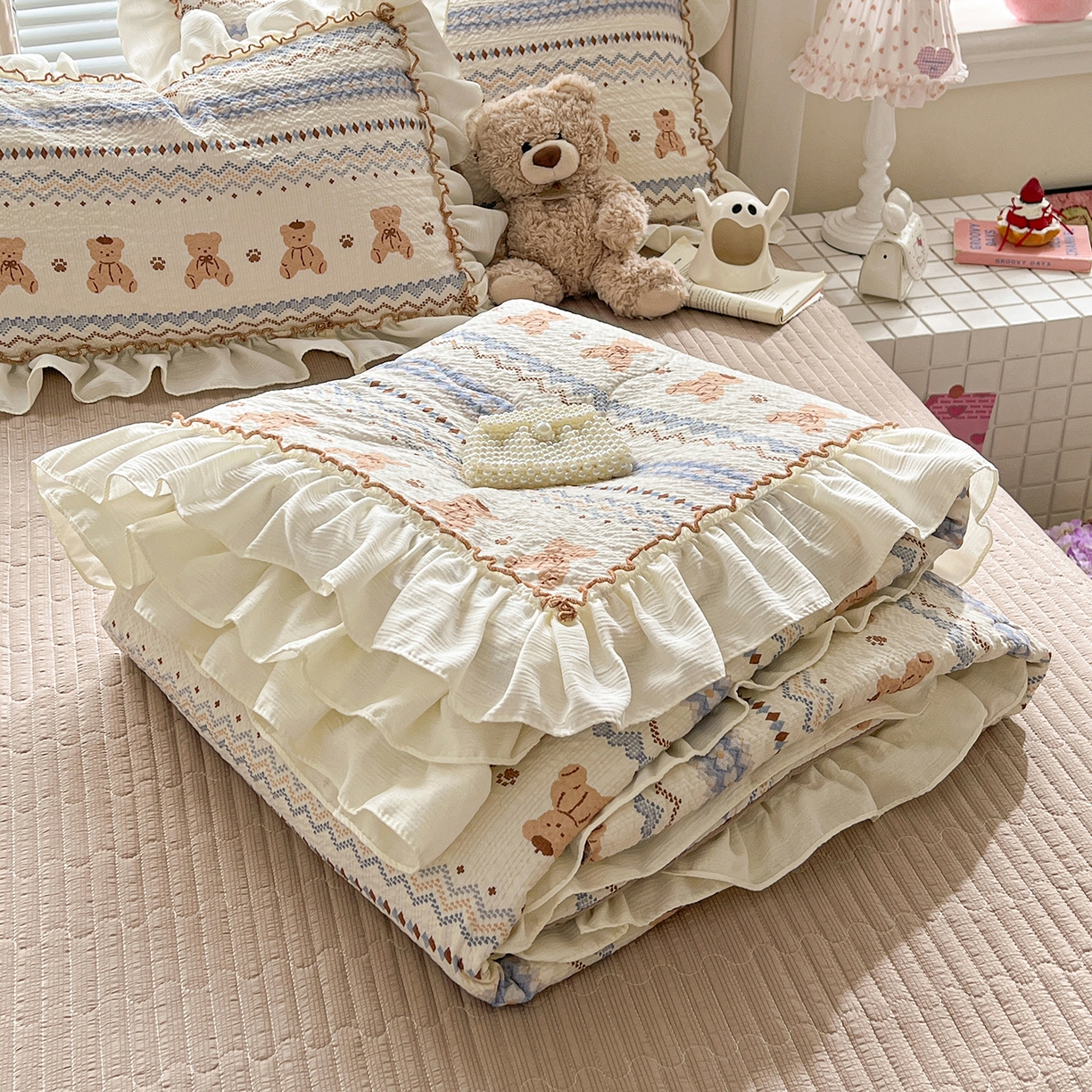 富米莱（原臻工厂） 2026新款超温柔高弹线密拷花边款泡芙双层纱夏凉被床盖床裙四件套 密拷花边-波西米亚小熊