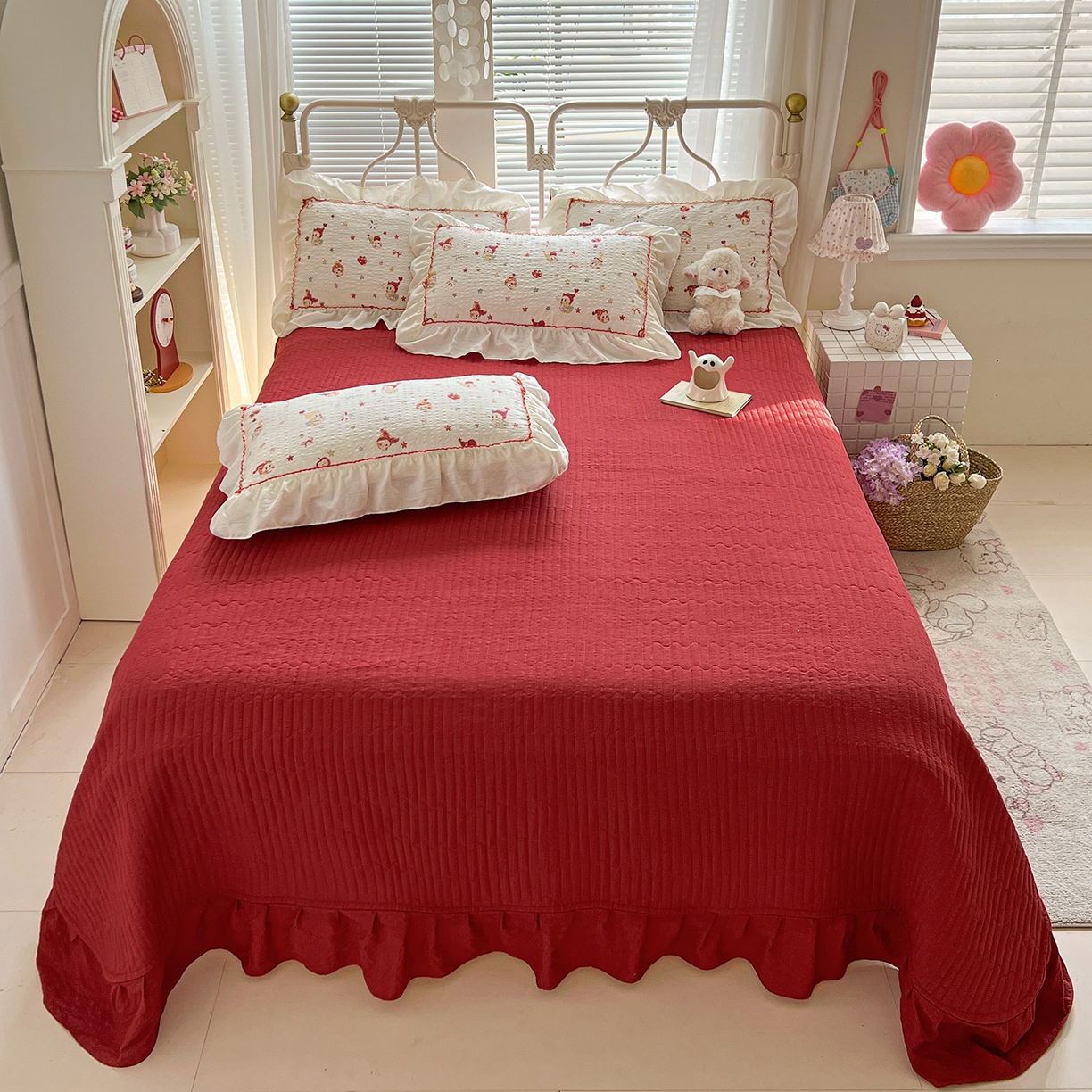 91家纺网 家纺一手货源 找家纺 富米莱（原臻工厂） 2026新款超温柔高弹线密拷花边款泡芙双层纱夏凉被床盖床裙四件套 密拷花边-魔法星星