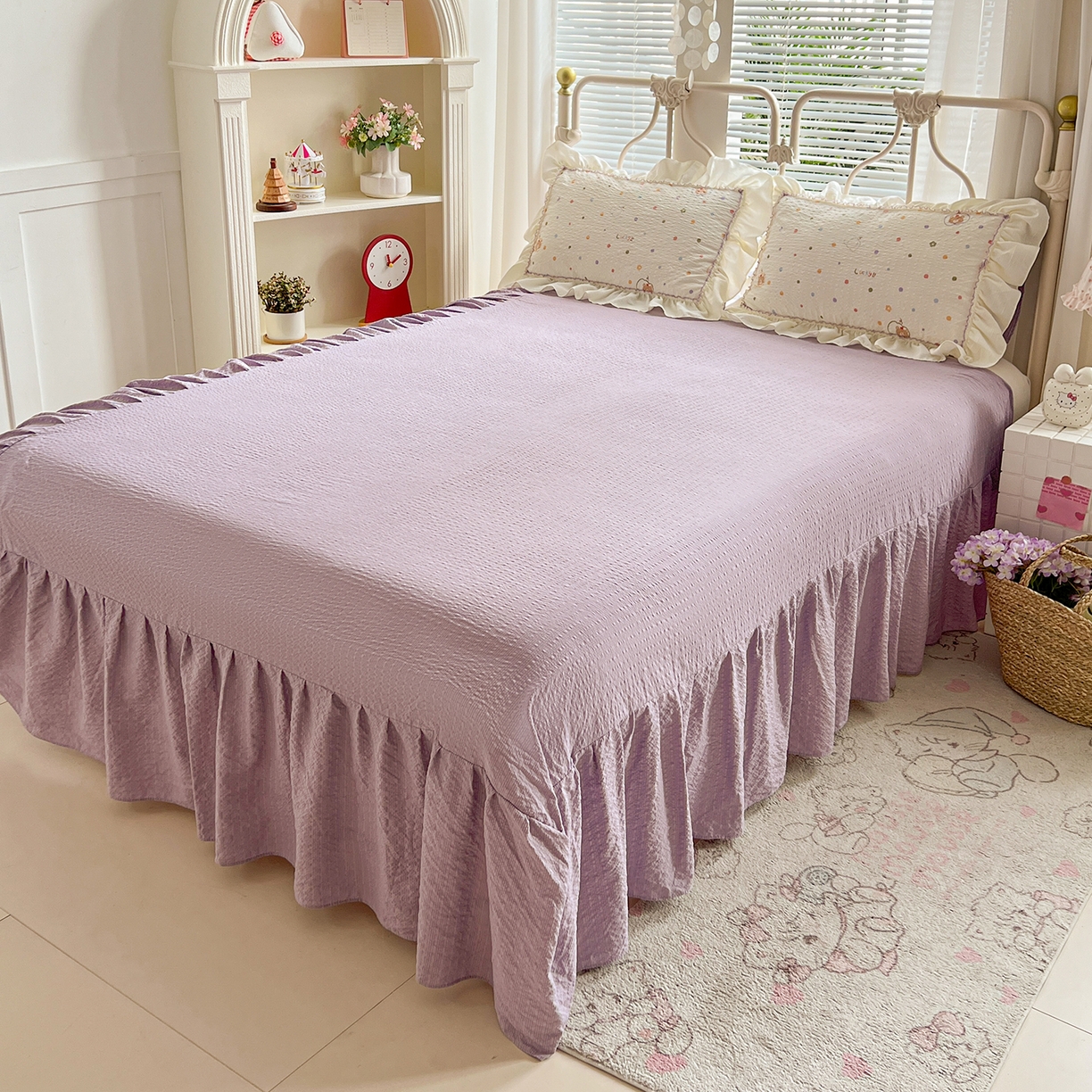 91家纺网 家纺一手货源 找家纺 富米莱（原臻工厂） 2026新款超温柔高弹线密拷花边款泡芙双层纱夏凉被床盖床裙四件套 密拷花边-彩点小熊