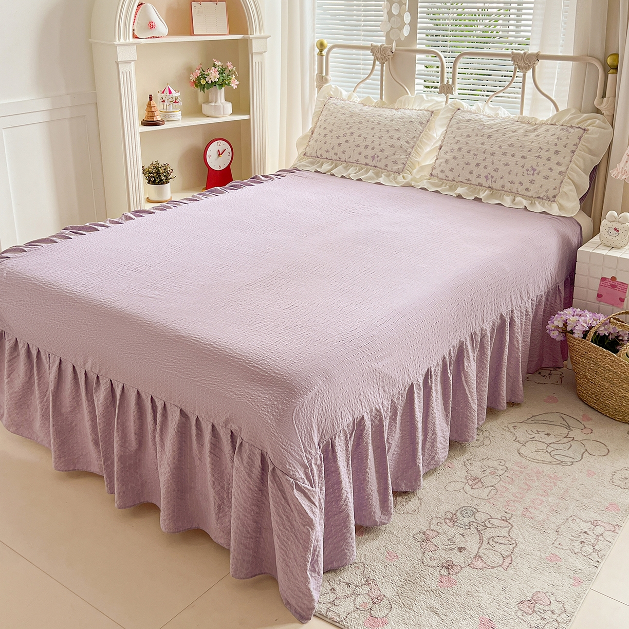 91家纺网 家纺一手货源 找家纺 富米莱（原臻工厂） 2026新款超温柔高弹线密拷花边款泡芙双层纱夏凉被床盖床裙四件套 密拷花边-紫雾小兔