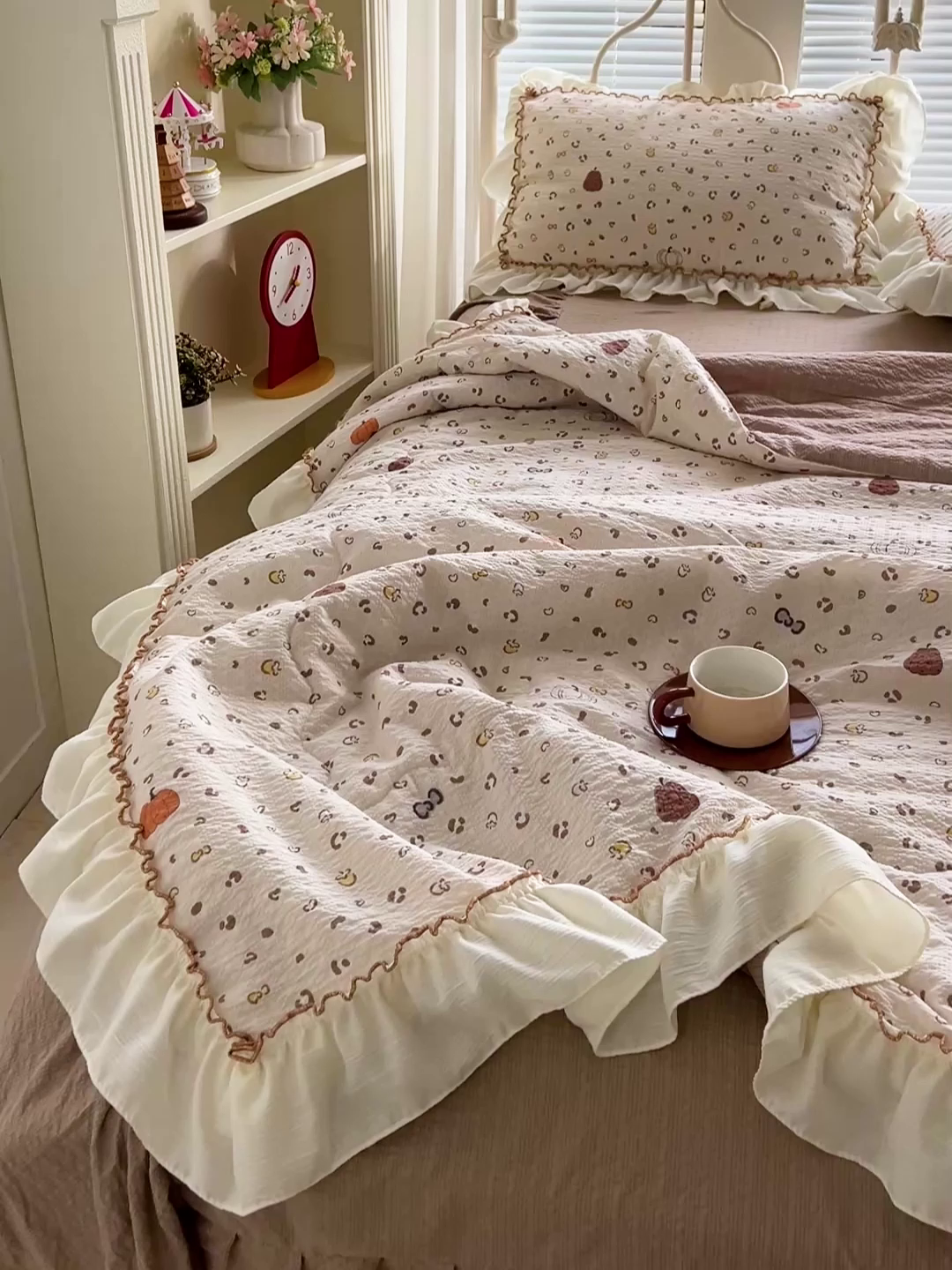 91家纺网 家纺一手货源 找家纺 富米莱（原臻工厂） 2026新款超温柔高弹线密拷花边款泡芙双层纱夏凉被床盖床裙四件套 密拷花边-南瓜奶豹