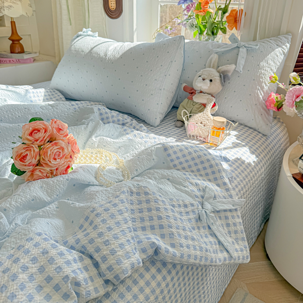 91家纺网 家纺一手货源 找家纺 （总）子钦家纺 2026春夏新款提花泡芙棉拼角蝴蝶结软乎乎的撸猫感单夏被夏被四件套-甜莓气泡