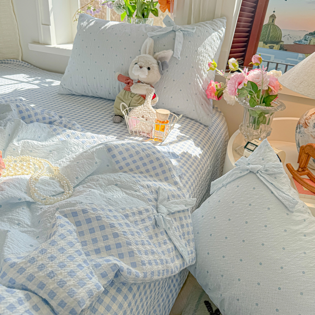 91家纺网 家纺一手货源 找家纺 （总）子钦家纺 2026春夏新款提花泡芙棉拼角蝴蝶结软乎乎的撸猫感单夏被夏被四件套-甜莓气泡