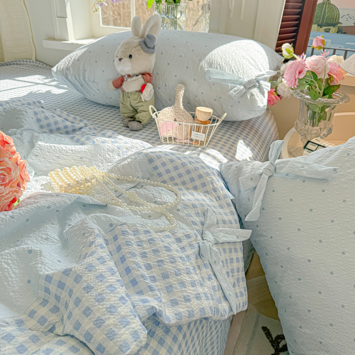 91家纺网 家纺一手货源 找家纺 （总）子钦家纺 2026春夏新款提花泡芙棉拼角蝴蝶结软乎乎的撸猫感单夏被夏被四件套-甜莓气泡