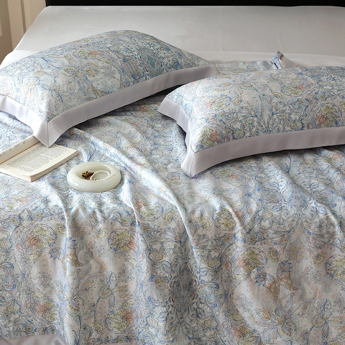 91家纺网 家纺一手货源 找家纺 久典家居 2026新款20%桑蚕丝+80%聚酯纤维宽边夏被四件套 梦澜