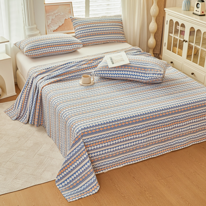 91家纺网 家纺一手货源 找家纺 爱彼家纺 2026新款原棉老粗布透气印花床单单件热门摩洛小狗热门新升级-细沙老粗布 新向往蓝条