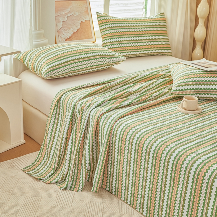 91家纺网 家纺一手货源 找家纺 爱彼家纺 2026新款原棉老粗布透气印花床单单件热门摩洛小狗热门新升级-细沙老粗布 新向往条绿