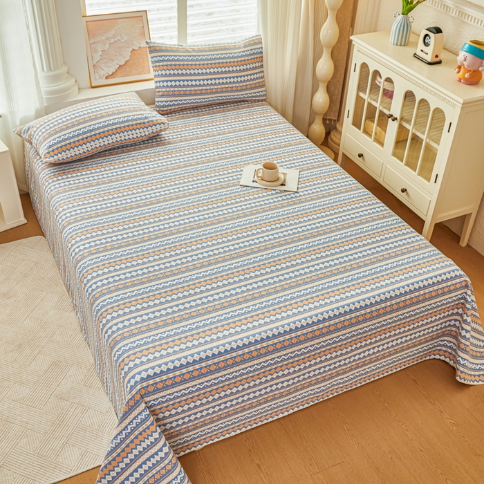 爱彼家纺 2026新款原棉老粗布透气印花床单单件热门摩洛小狗热门新升级-细沙老粗布 新向往蓝条