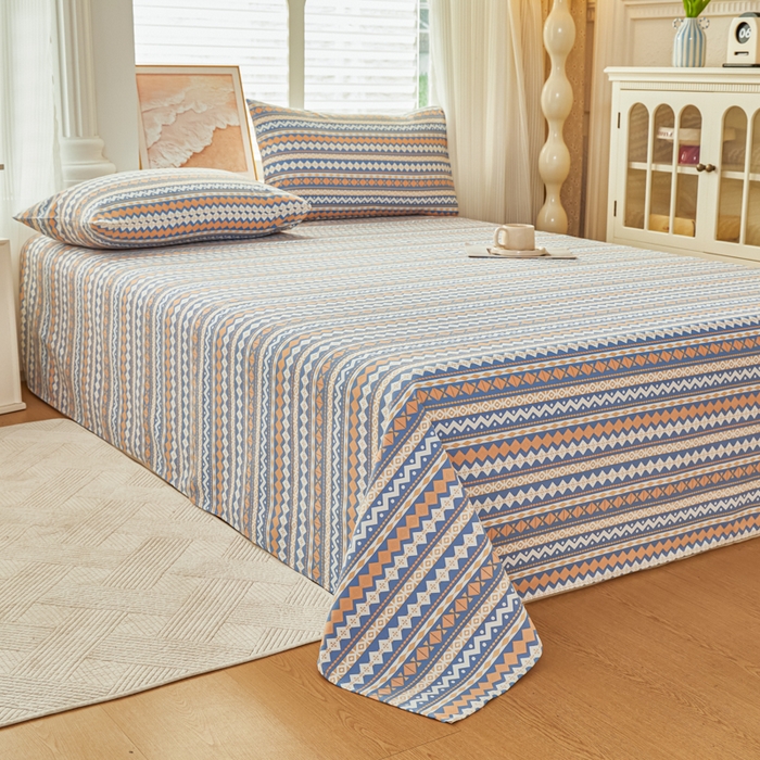 91家纺网 家纺一手货源 找家纺 爱彼家纺 2026新款原棉老粗布透气印花床单单件热门摩洛小狗热门新升级-细沙老粗布 新向往蓝条