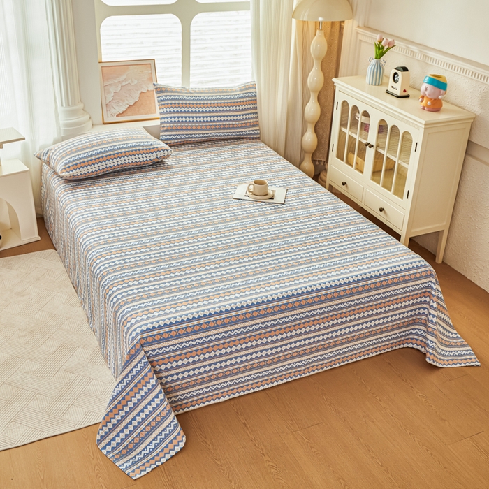 91家纺网 家纺一手货源 找家纺 爱彼家纺 2026新款原棉老粗布透气印花床单单件热门摩洛小狗热门新升级-细沙老粗布 新向往蓝条