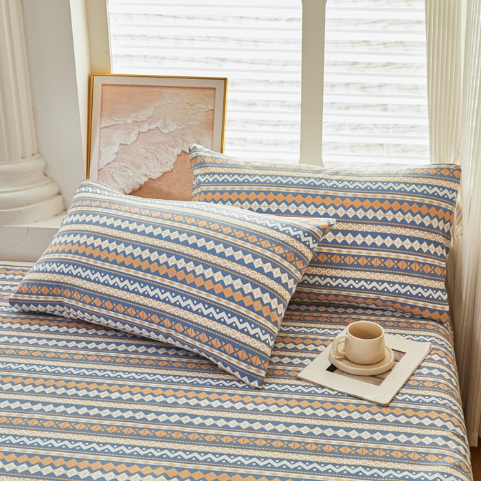 91家纺网 家纺一手货源 找家纺 爱彼家纺 2026新款原棉老粗布透气印花床单单件热门摩洛小狗热门新升级-细沙老粗布 新向往蓝条