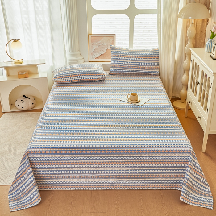 91家纺网 家纺一手货源 找家纺 爱彼家纺 2026新款原棉老粗布透气印花床单单件热门摩洛小狗热门新升级-细沙老粗布 新向往蓝条