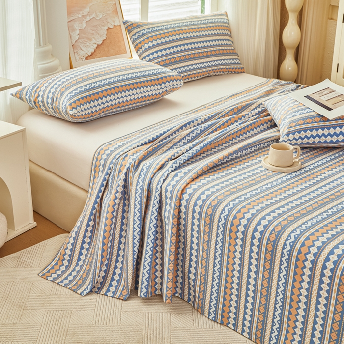 91家纺网 家纺一手货源 找家纺 爱彼家纺 2026新款原棉老粗布透气印花床单单件热门摩洛小狗热门新升级-细沙老粗布 新向往蓝条