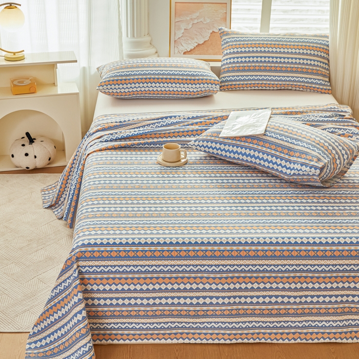 91家纺网 家纺一手货源 找家纺 爱彼家纺 2026新款原棉老粗布透气印花床单单件热门摩洛小狗热门新升级-细沙老粗布 新向往蓝条