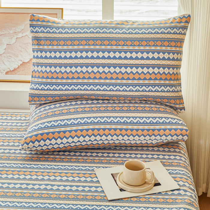 91家纺网 家纺一手货源 找家纺 爱彼家纺 2026新款原棉老粗布透气印花床单单件热门摩洛小狗热门新升级-细沙老粗布 新向往蓝条