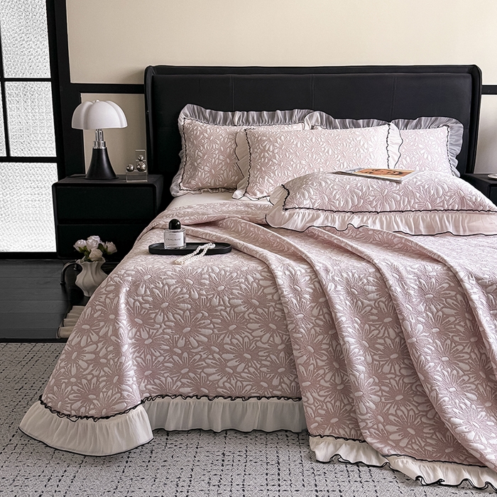 91家纺网 家纺一手货源 找家纺 卡罗兰 2026新款床盖凉席凉感豆豆凉席花边床盖冰豆豆凉席单件三件套-繁花系列 繁花-樱花粉