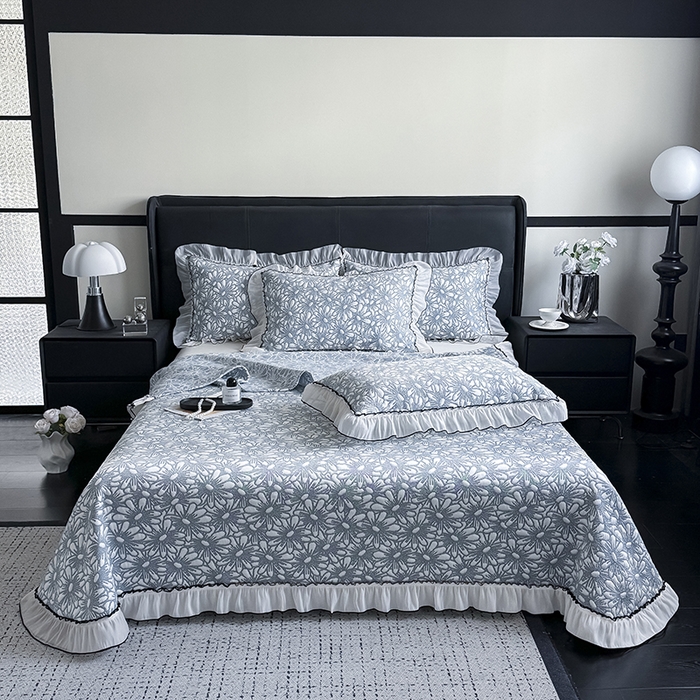 卡罗兰 2026新款床盖凉席凉感豆豆凉席花边床盖冰豆豆凉席单件三件套-繁花系列 繁花-藏蓝