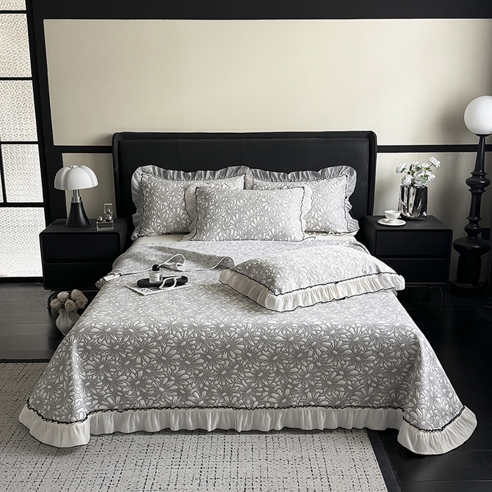 卡罗兰 2026新款床盖凉席凉感豆豆凉席花边床盖冰豆豆凉席单件三件套-繁花系列 繁花-浅灰